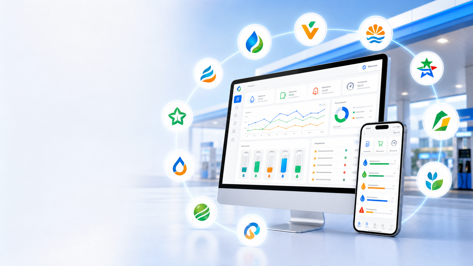 Dashboard Premium multi-stations Smart Station avec chiffre d’affaires, volumes carburant, trésorerie et alertes réseau